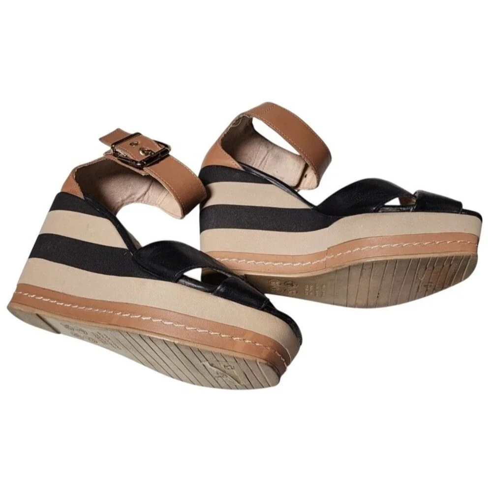 MALU Wedges Size 5 Leather Comfort Made in Brazil Striped Platform